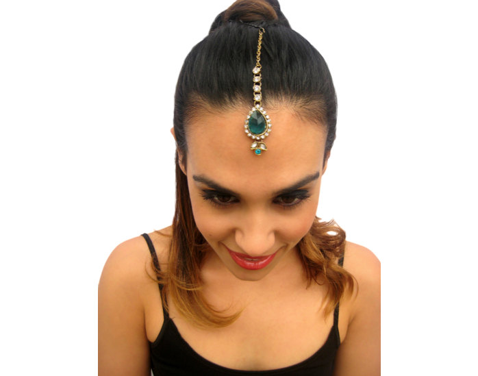 Rouelle Jade Forehead Piece Tikka Headpiece Hair Jewelry In Green And Blue, Head Piece, Hair Chain, Hair Piece, Head Chain