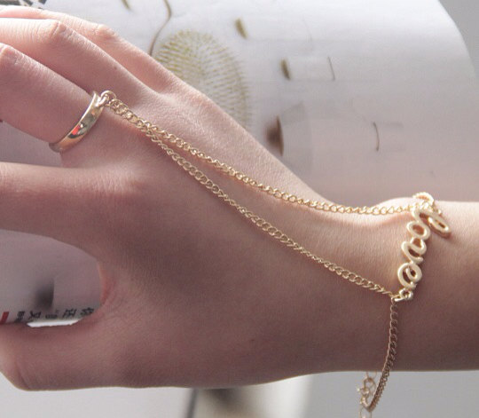 Rouelle Love 18 Karat Gold Handpiece: Hand-piece, Cuff, Bracelet, Ring-bracelet, Slave Bracelet, Slave Chain, Hand Chain