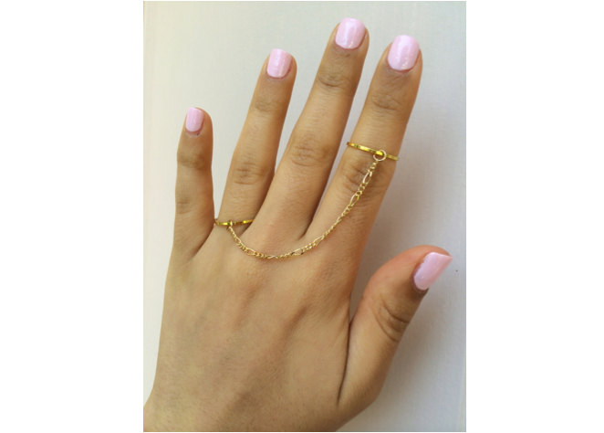 Rouelle Talia Double Connected Knuckle Rings With Dainty Delicate Chain: Gold Above The Knuckle Rings, Midi Rings